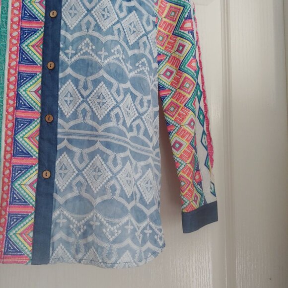 John Mark  Embroidered Patch Lacey Colorful Button L-Sleeve Shirt S - Picture 6 of 15